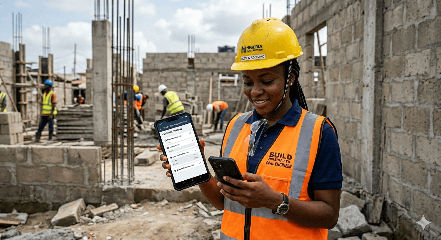 BuildWatch inspector on site with smartphone and hard hat